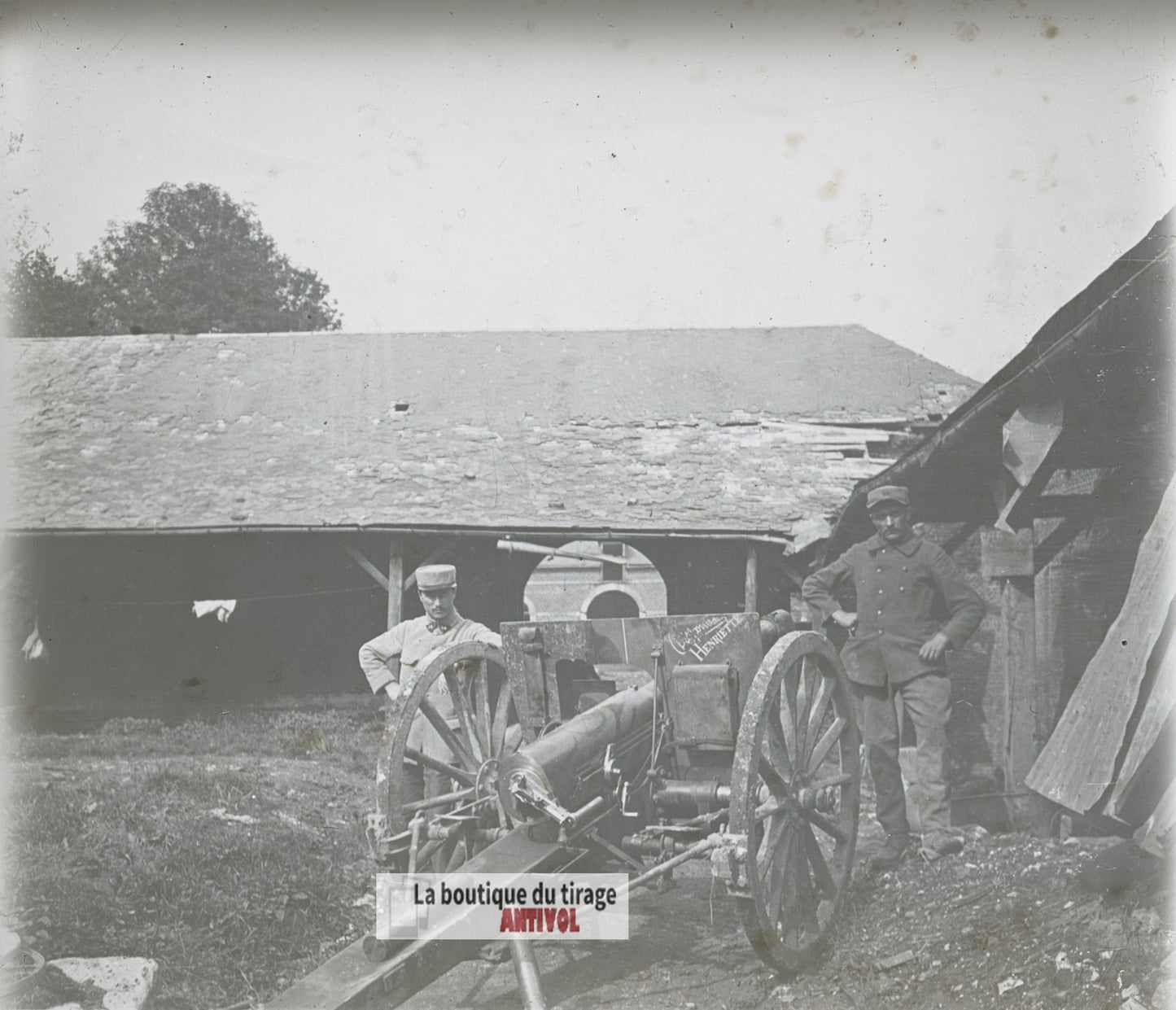 Pièce d’artillerie, canon WW1, plaque verre photo ancienne stéréo 6x13 cm