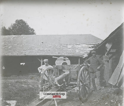 Pièce d’artillerie, canon WW1, plaque verre photo ancienne stéréo 6x13 cm