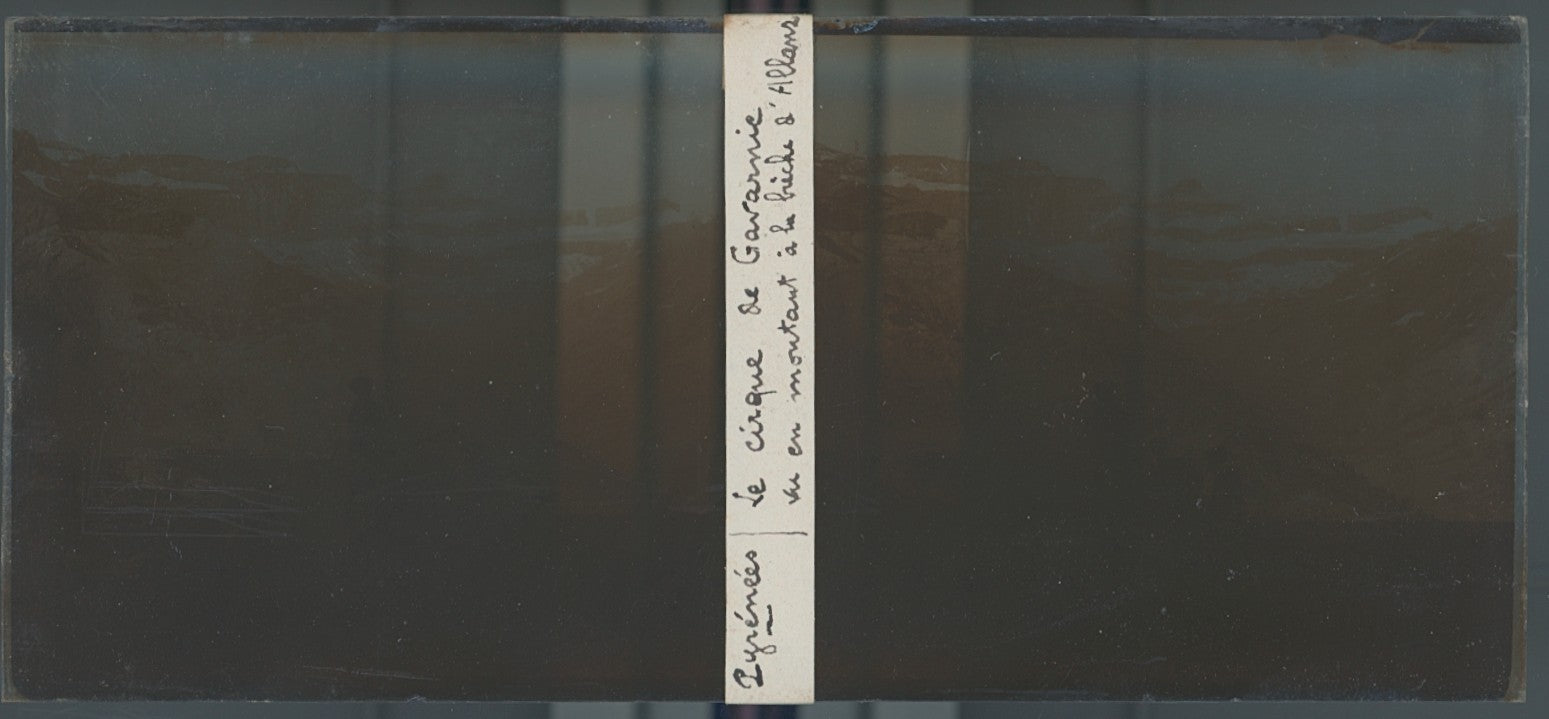 Cirque de Gavarnie, Pyrénées, plaque verre photo stéréo, sépia 6x13 cm