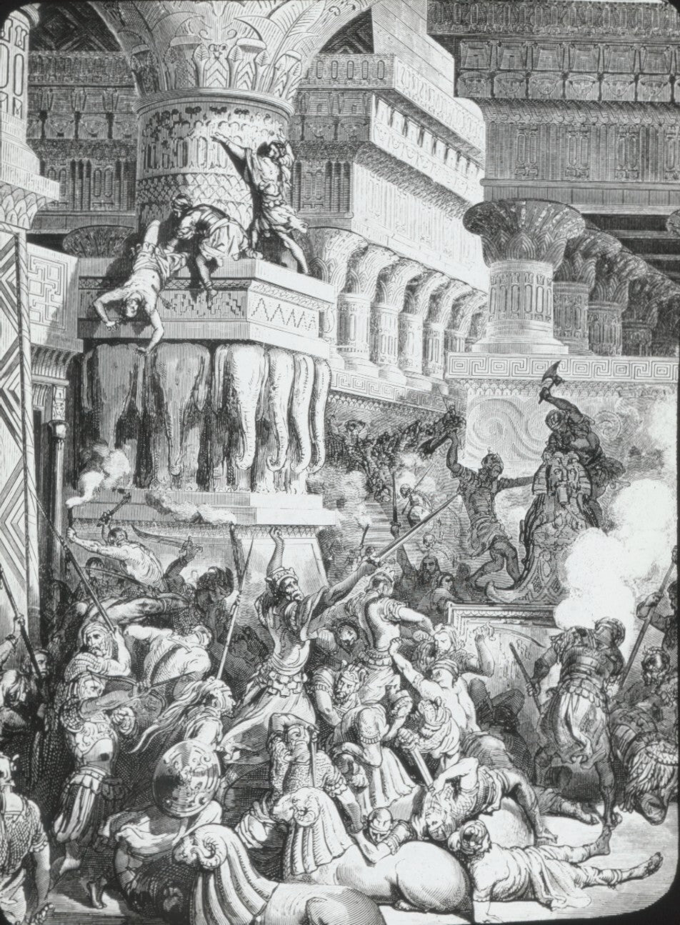 Temple de Dagon, Bible de Doré, dessin, plaque verre, positif 8,5x10 cm