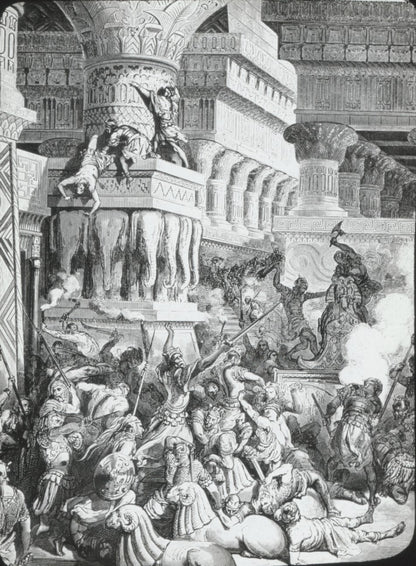 Temple de Dagon, Bible de Doré, dessin, plaque verre, positif 8,5x10 cm