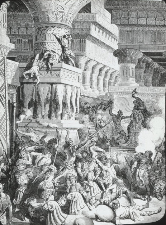 Temple de Dagon, Bible de Doré, dessin, plaque verre, positif 8,5x10 cm