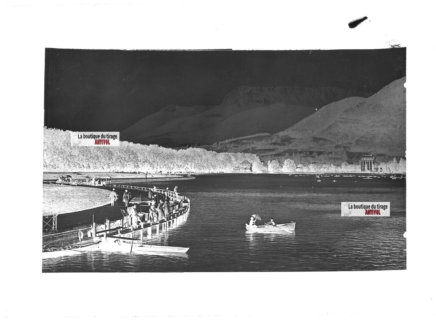 Plaque verre photo négatif noir et blanc 13x18 cm Annecy lac eau bateau + CPA