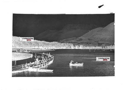 Plaque verre photo négatif noir et blanc 13x18 cm Annecy lac eau bateau + CPA