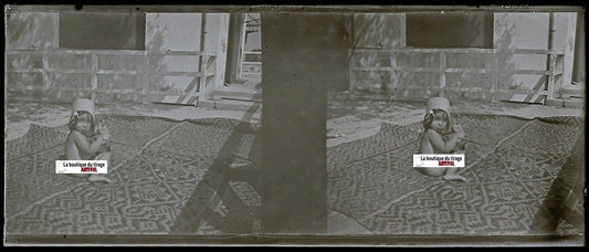 Jeu, enfant, Plaque verre photo stéréo, négatif noir & blanc 4,5x10,7 cm