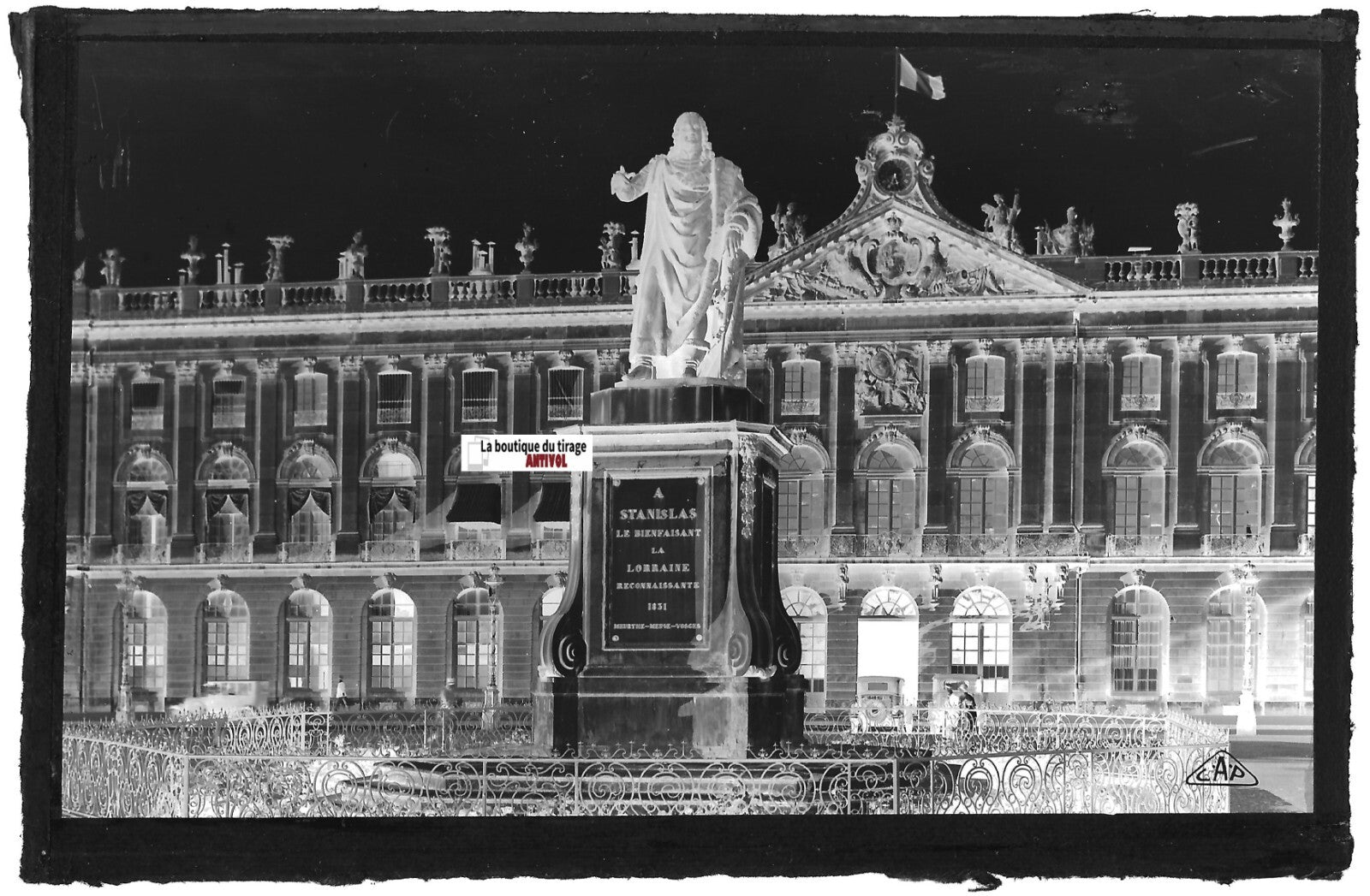 Plaque verre photo, négatif noir & blanc 9x14 cm, place Stanislas Nancy, France
