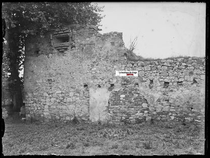 Ruine, tour, guerre, Plaque verre photo, négatif ancien noir & blanc 9x12 cm