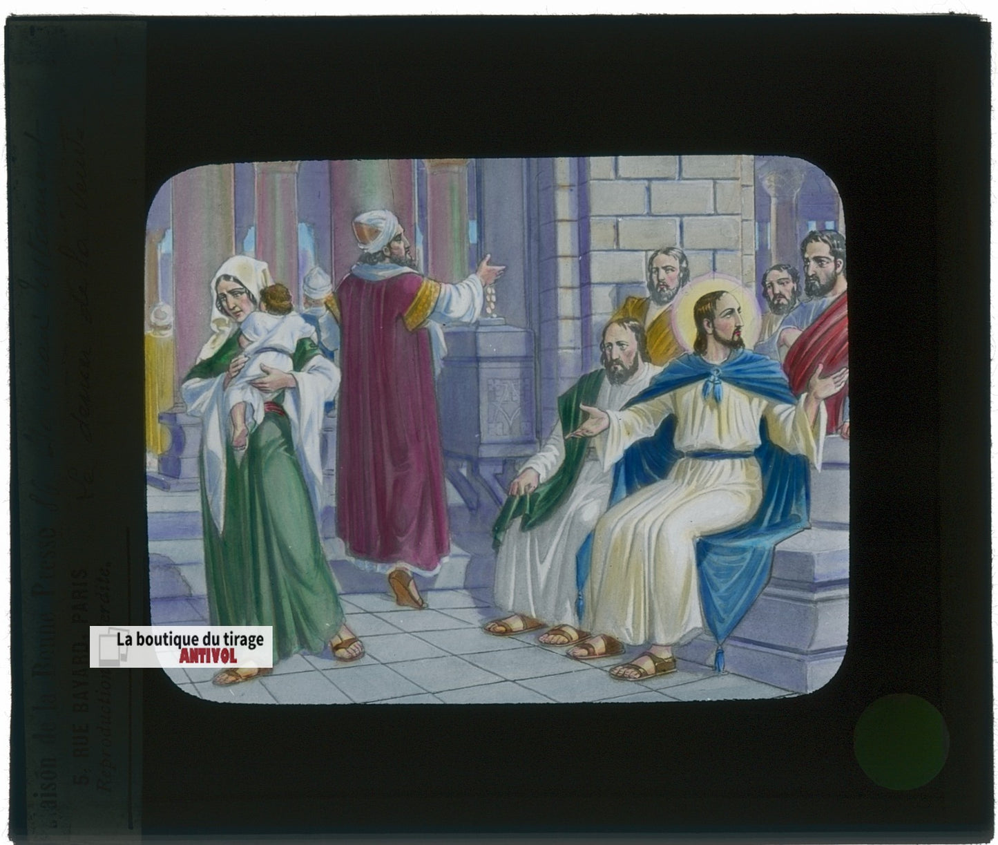 L’offrande de la veuve, Jésus, dessin, plaque verre ancienne, couleur 8,5x10 cm