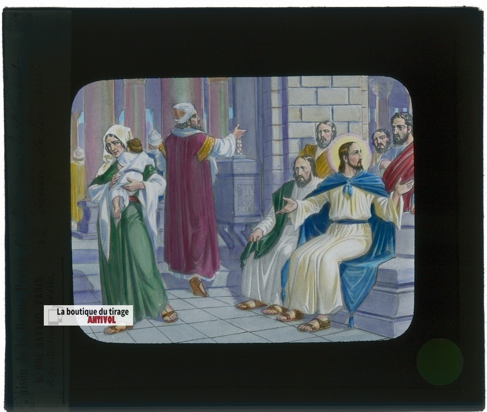 L’offrande de la veuve, Jésus, dessin, plaque verre ancienne, couleur 8,5x10 cm