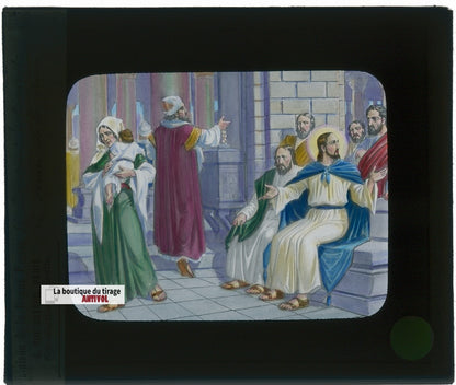 L’offrande de la veuve, Jésus, dessin, plaque verre ancienne, couleur 8,5x10 cm