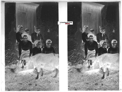 Famille, ferme, Plaque verre photo ancienne, négatif noir & blanc 9x12 cm