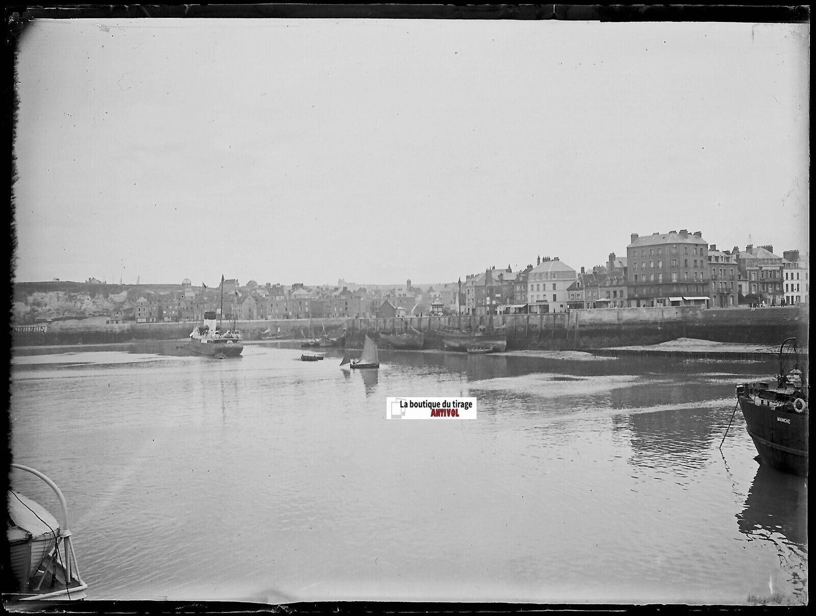 Port de Dieppe, bateaux, Plaque verre photo, négatif noir & blanc 9x12 cm