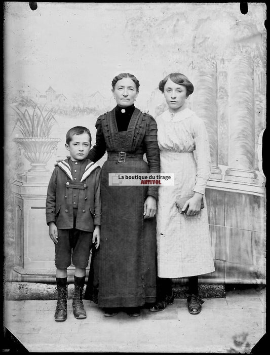 Plaque verre photo ancienne négatif noir et blanc 9x12 cm famille glass plate 