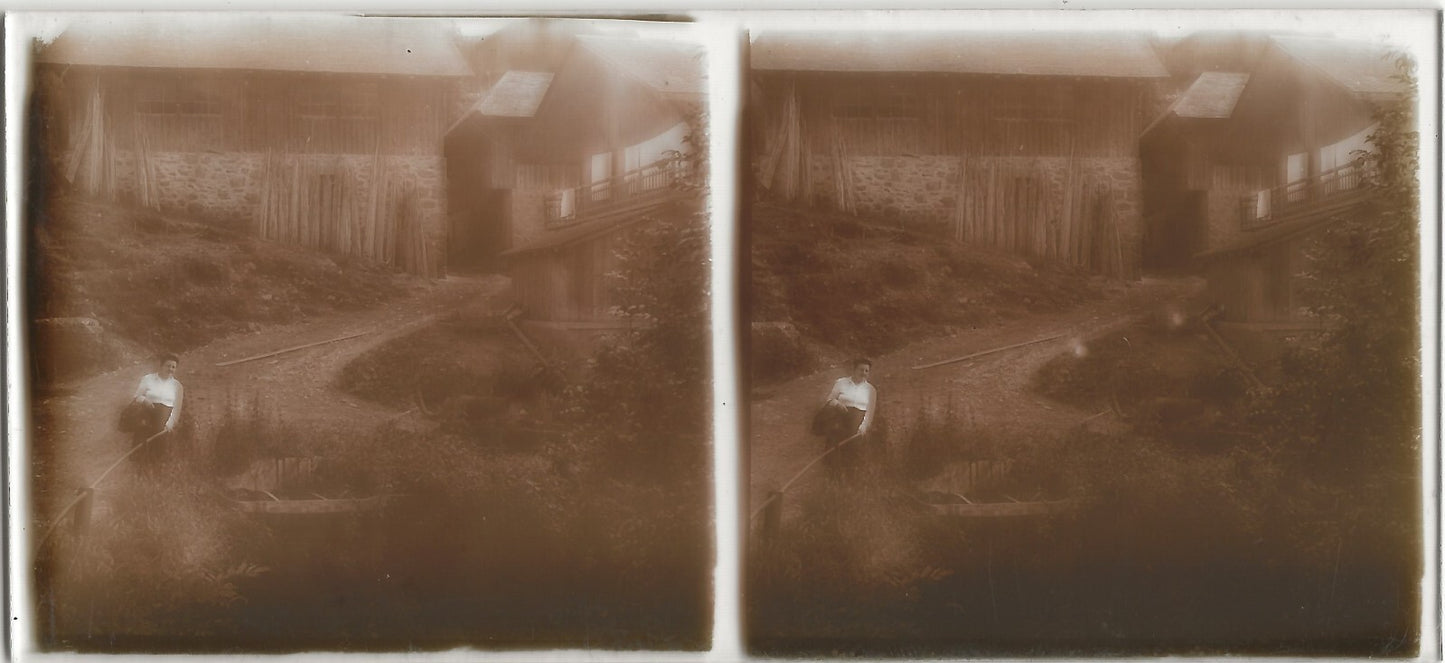 Village de montagne, Plaque verre photo stéréo, positif noir & blanc 6x13 cm