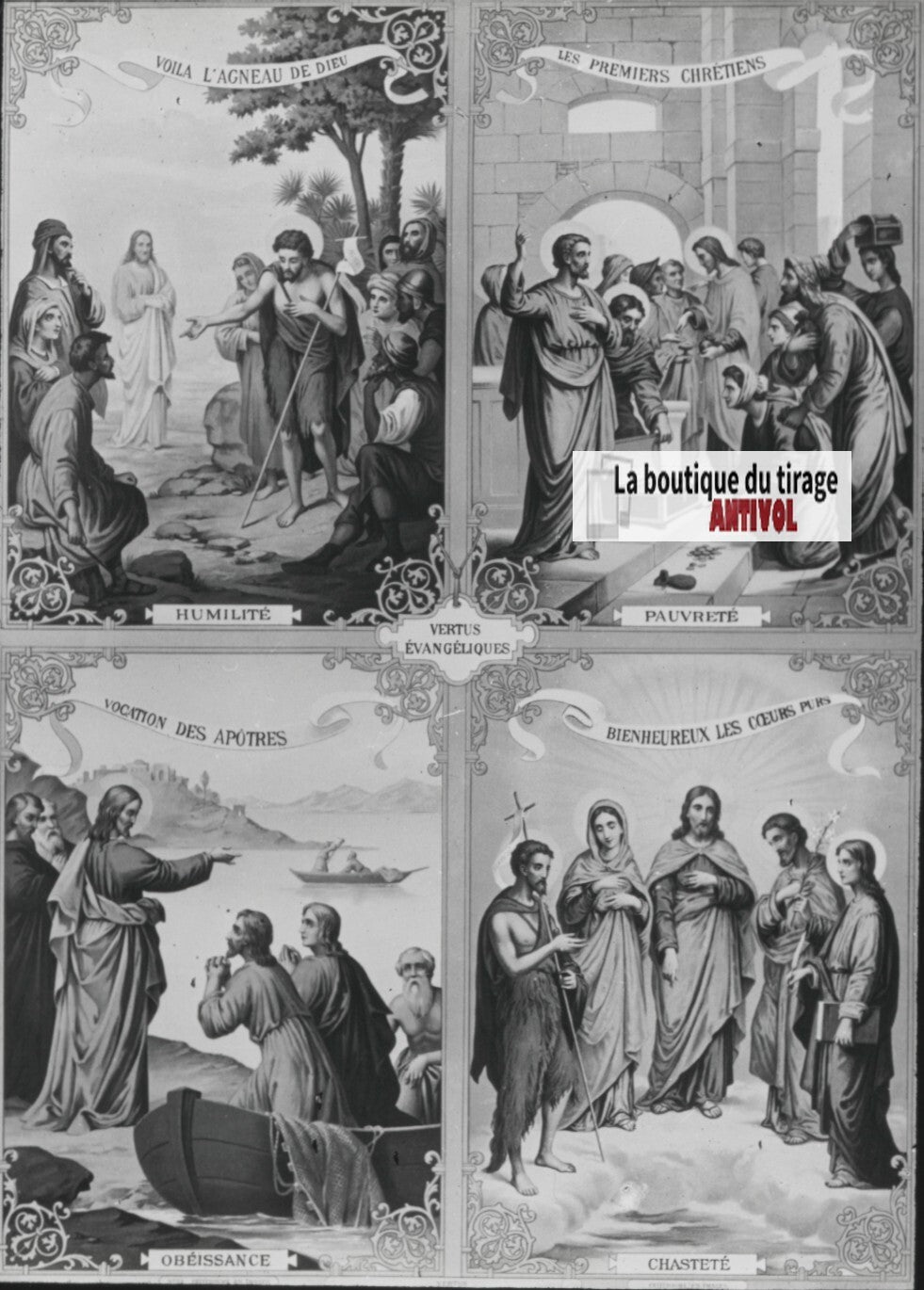 Scène religieuse, catéchisme, dessin peinture, plaque verre, positif 8,5x10 cm