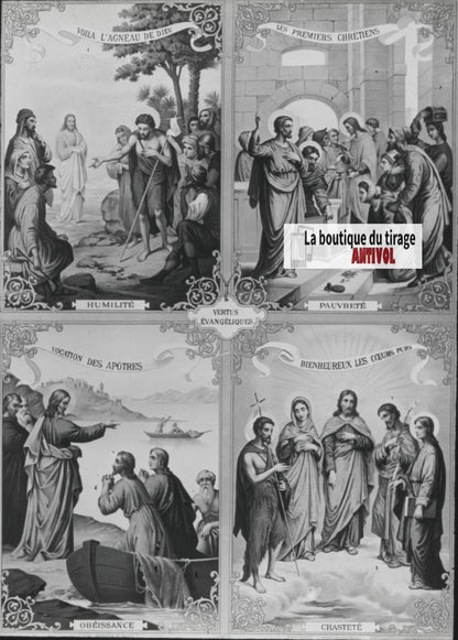 Scène religieuse, catéchisme, dessin peinture, plaque verre, positif 8,5x10 cm