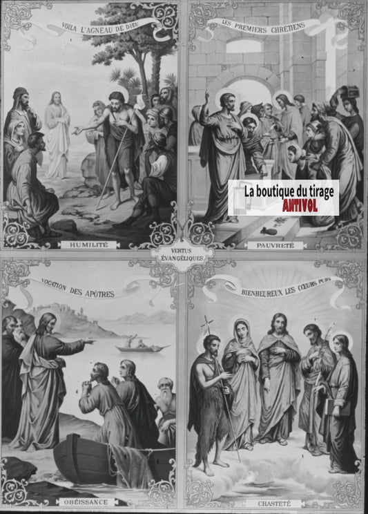 Scène religieuse, catéchisme, dessin peinture, plaque verre, positif 8,5x10 cm