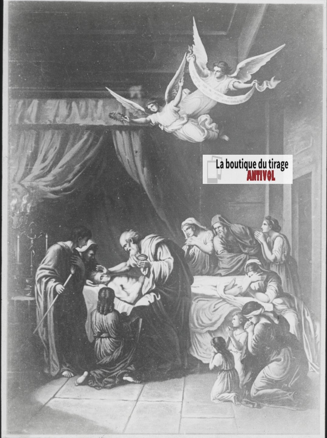 Scène religieuse, catéchisme, dessin peinture, plaque verre, positif 8,5x10 cm