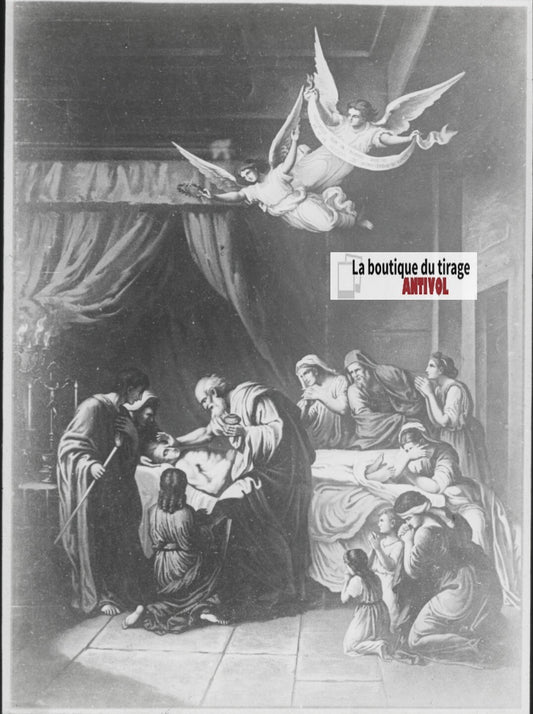 Scène religieuse, catéchisme, dessin peinture, plaque verre, positif 8,5x10 cm
