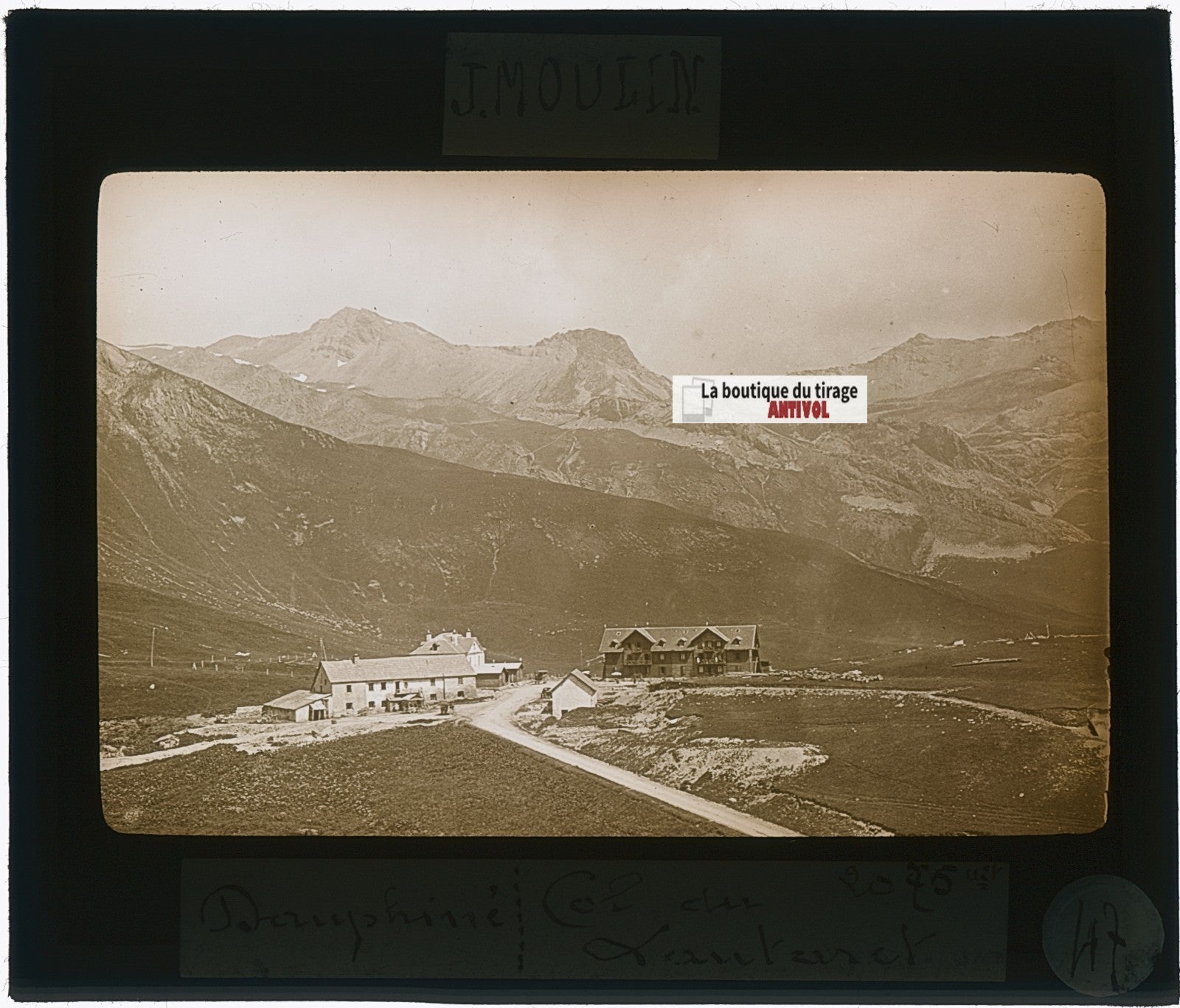 Col du Lautaret, photo J. Moulin, plaque verre, sépia, positif 8,5x10 cm