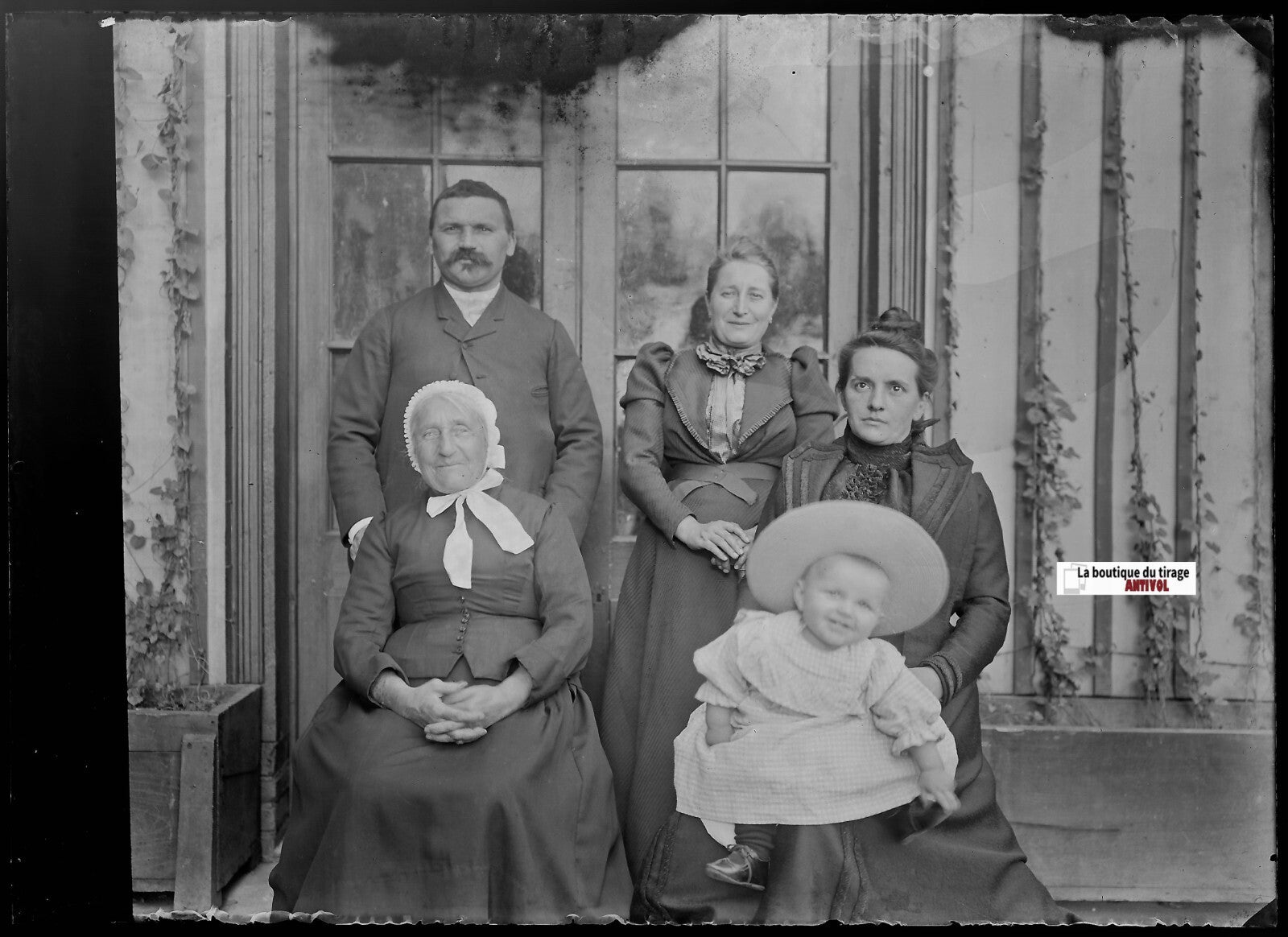 Famille, Loire, Plaque verre photo ancienne, négatif noir & blanc 13x18 cm