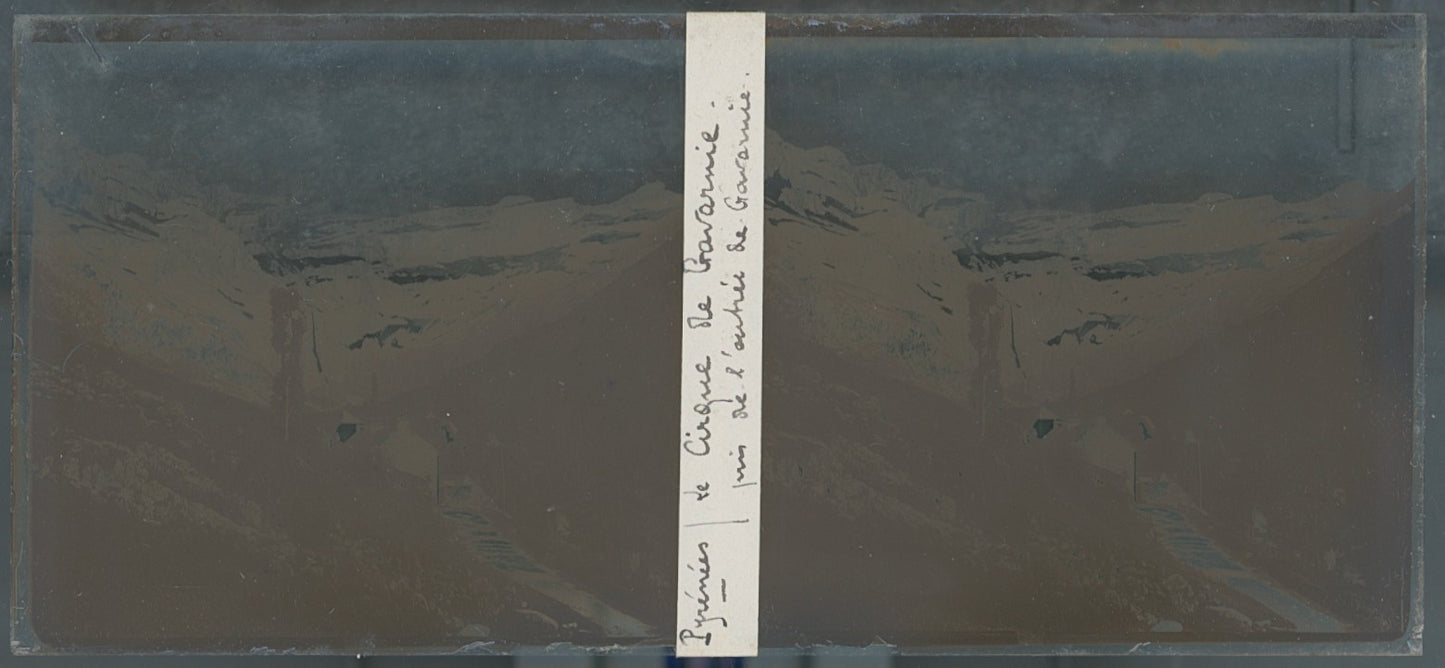 Cirque de Gavarnie, Pyrénées, plaque verre photo stéréo, sépia 6x13 cm