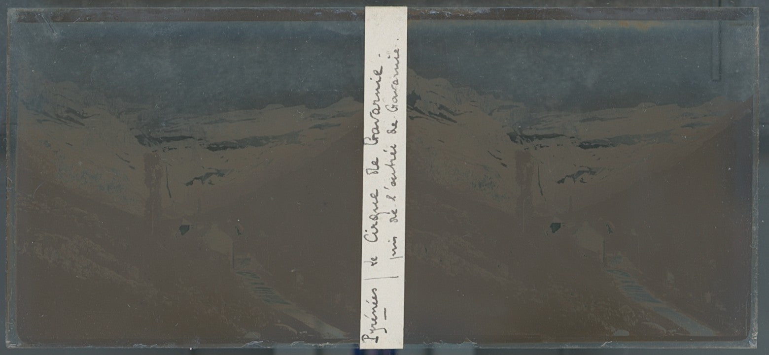 Cirque de Gavarnie, Pyrénées, plaque verre photo stéréo, sépia 6x13 cm