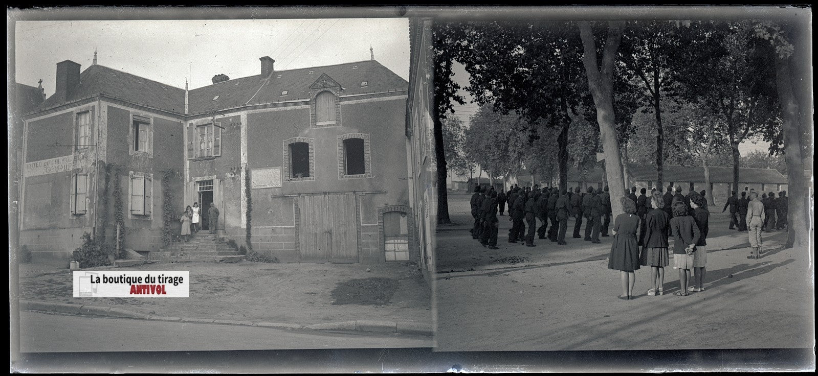 Camp du Ruchard, civils, plaque verre, photo ancienne, négatif N&B 6x13 cm