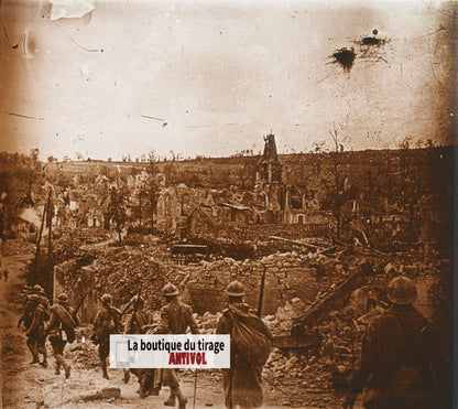 Craonnelle, ruines soldats, WW1, plaque verre, photo ancienne stéréo 6x13 cm