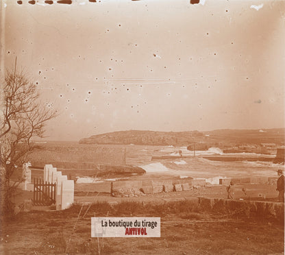Côte, paysage mer, Algérie, plaque verre photo ancienne stéréo 6x13 cm