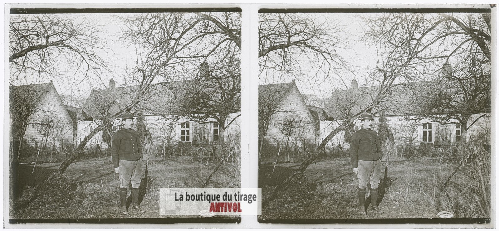 Soldat français, guerre WW1, plaque verre photo ancienne stéréo 6x13 cm