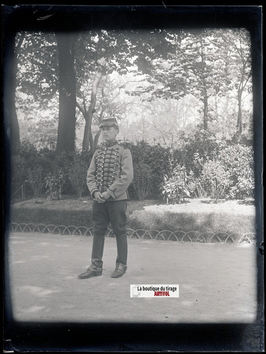 Soldat du 10ᵉ régiment, plaque verre, photo ancienne, négatif N&B 9x12 cm