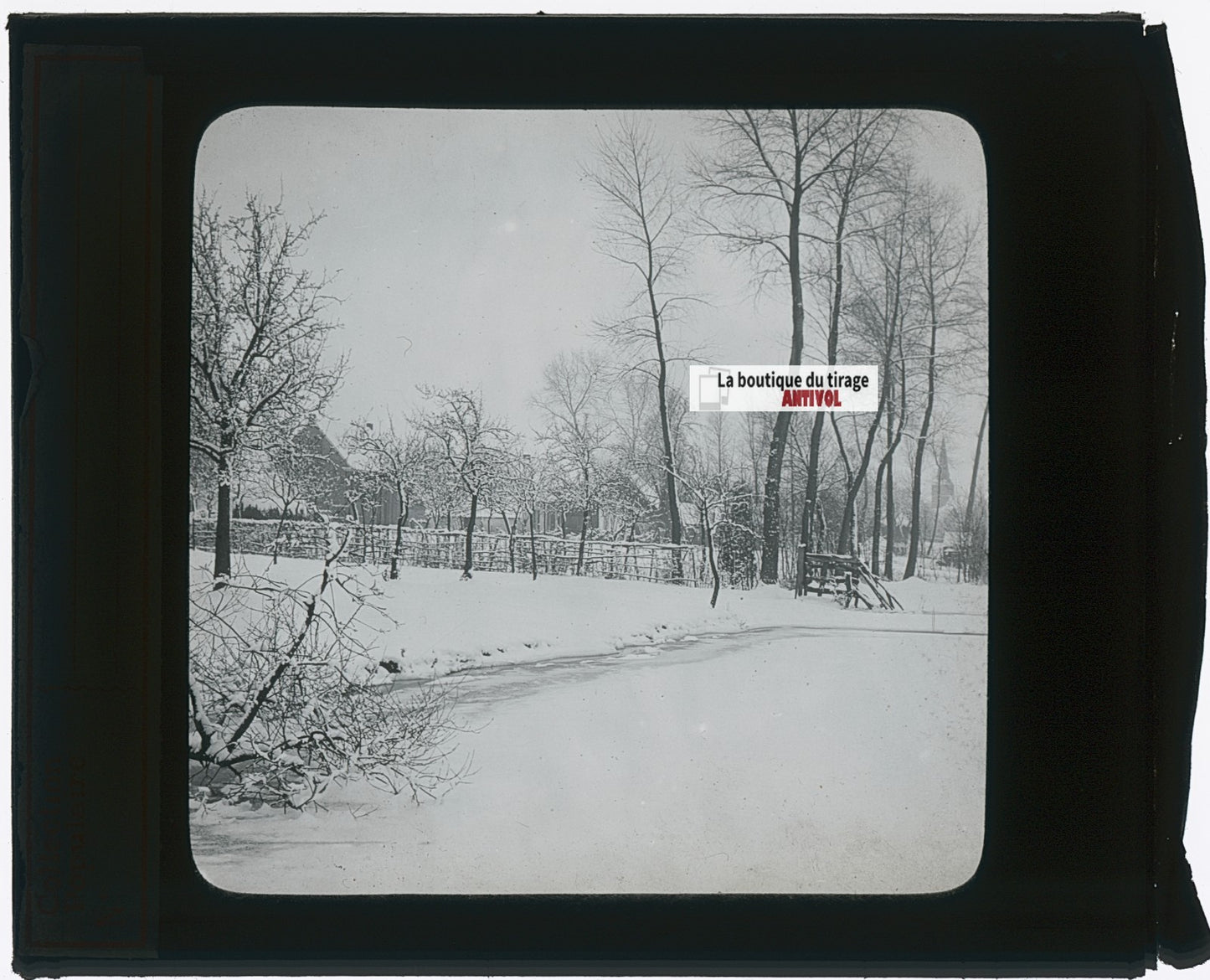 Paysage, neige, hiver, photo ancienne plaque verre, noir & blanc, 8,5x10 cm