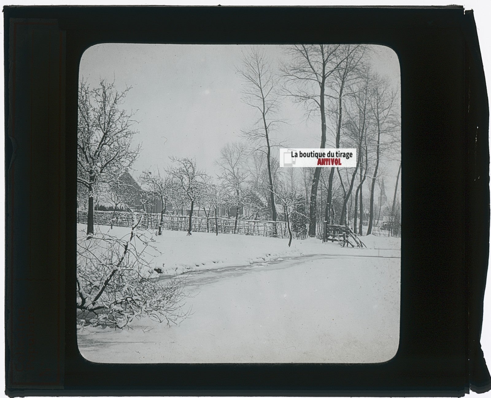 Paysage, neige, hiver, photo ancienne plaque verre, noir & blanc, 8,5x10 cm