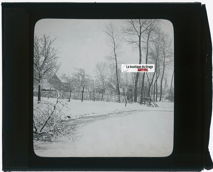 Paysage, neige, hiver, photo ancienne plaque verre, noir & blanc, 8,5x10 cm