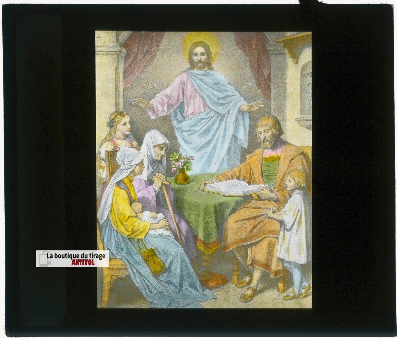 La prière en famille, Jésus, dessin, plaque verre ancienne, couleur 8,5x10 cm