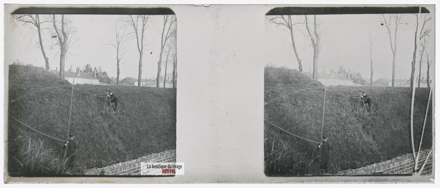 Exercices du génie militaire, plaque verre stéréo, photo ancienne 4,5x10,7 cm