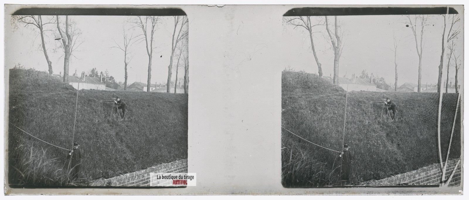 Exercices du génie militaire, plaque verre stéréo, photo ancienne 4,5x10,7 cm