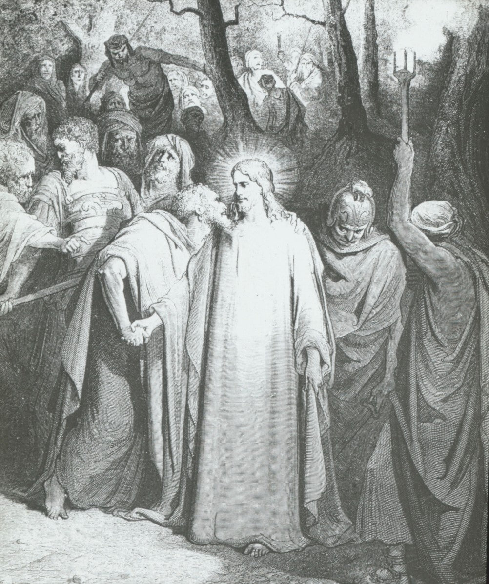 Trahison de Judas, la Bible de Doré, dessin, plaque de verre, positif 8,5x10 cm