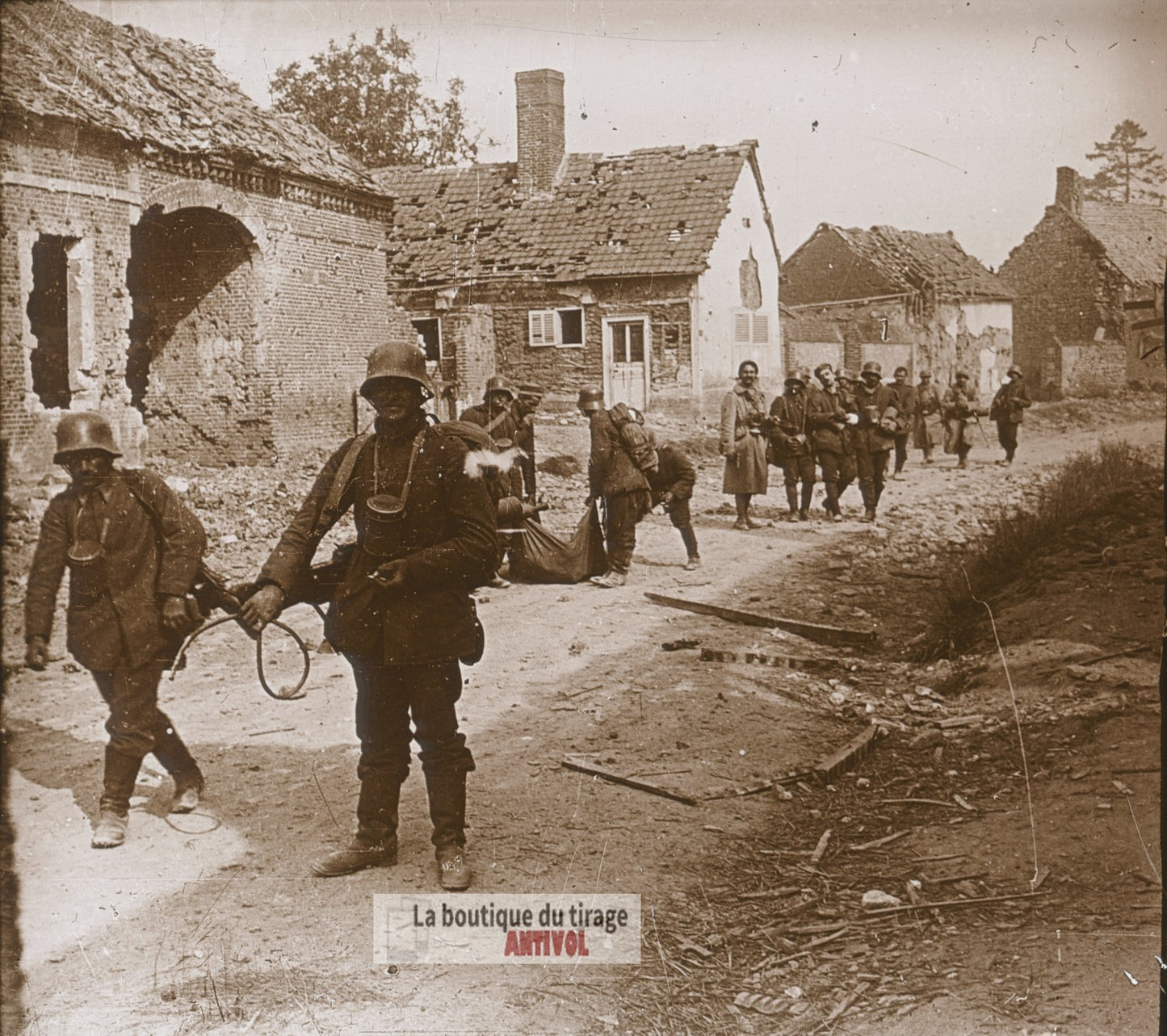 Courcelles, prisonniers allemands, plaque verre photo ancienne stéréo 6x13 cm