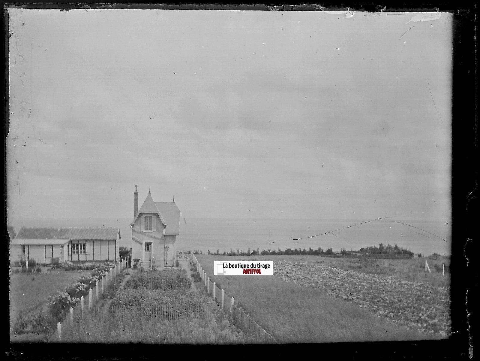 Villa, océan, paysage, Plaque verre photo ancienne, négatif noir & blanc 9x12 cm