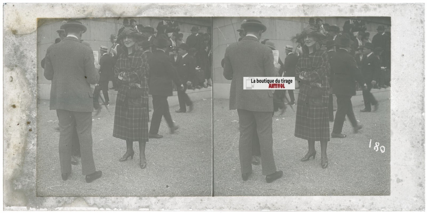 Personnages, Longchamp, Paris, plaque verre stéréoscopique, positif 8,5x17 cm