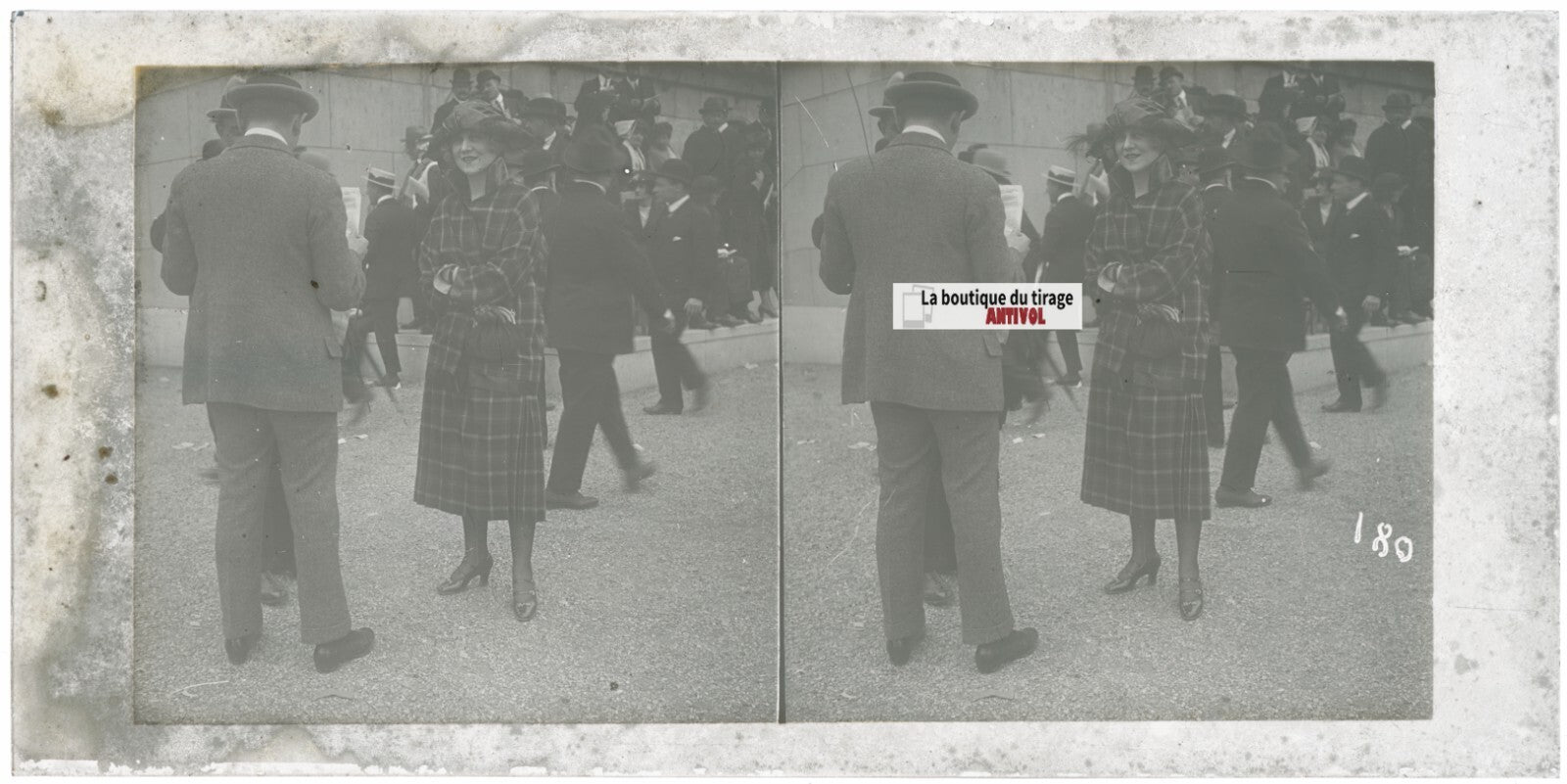 Personnages, Longchamp, Paris, plaque verre stéréoscopique, positif 8,5x17 cm