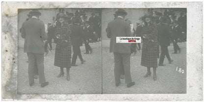 Personnages, Longchamp, Paris, plaque verre stéréoscopique, positif 8,5x17 cm