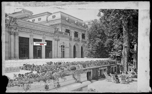 Plaque verre ancienne photo négatif noir & blanc 9x14 cm, Vichy Allier, théâtre