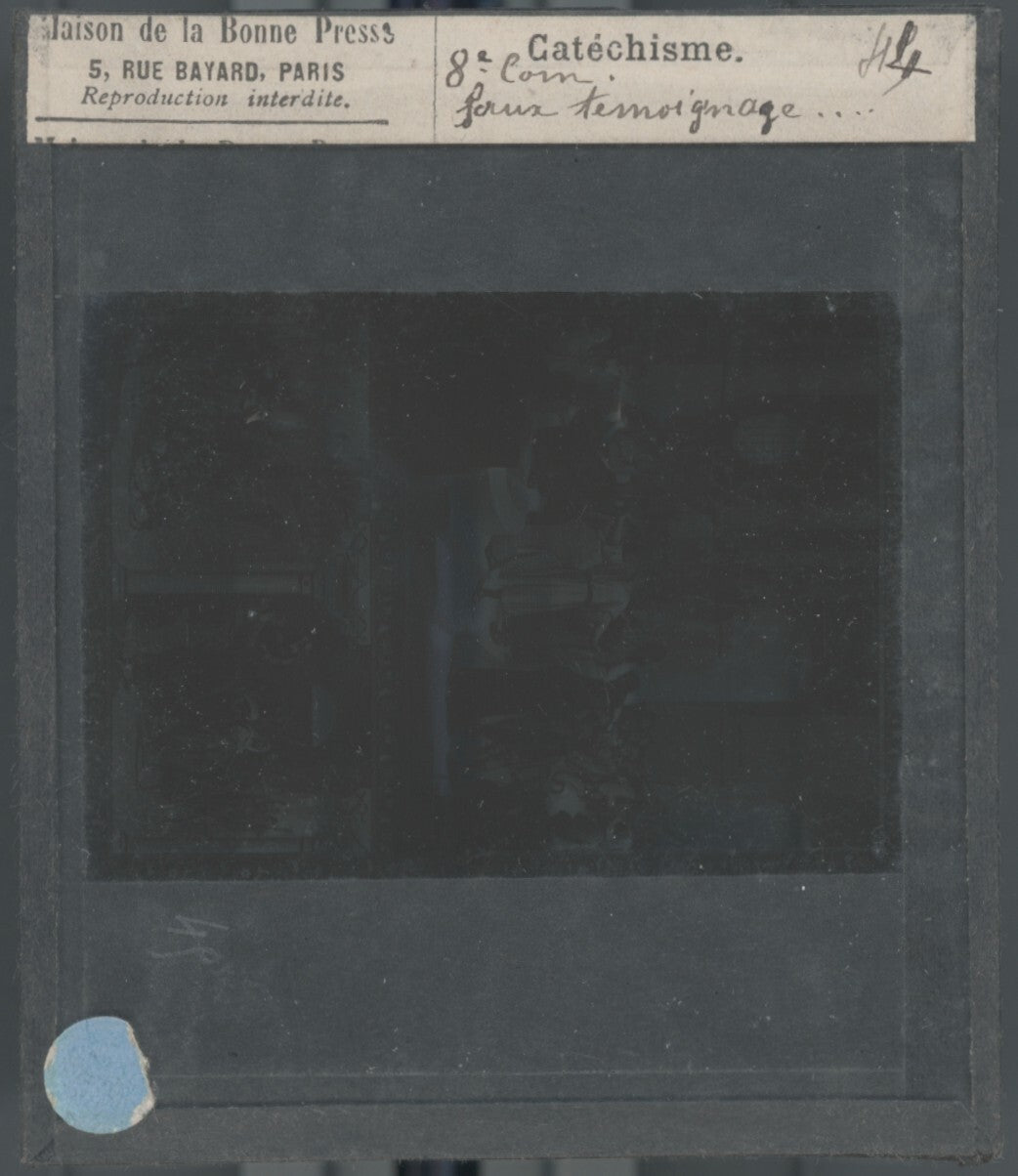 Scène religieuse, catéchisme, dessin peinture, plaque verre, positif 8,5x10 cm