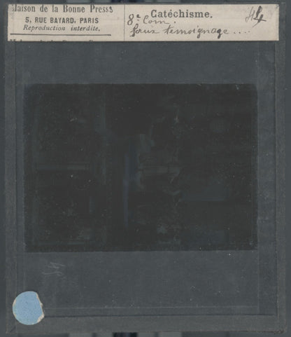 Scène religieuse, catéchisme, dessin peinture, plaque verre, positif 8,5x10 cm