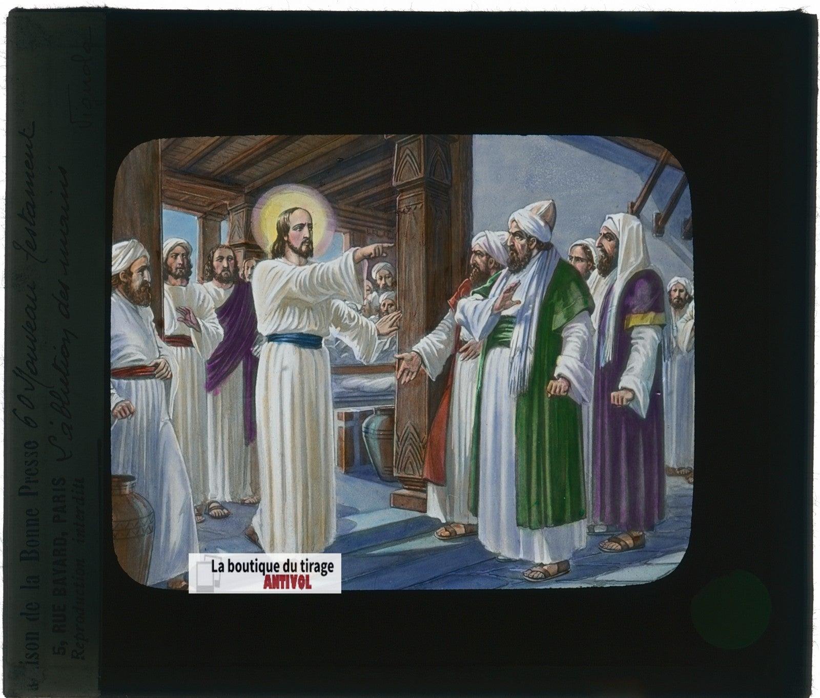 L'ablution des mains, dessin, plaque verre ancienne, couleur 8,5x10 cm