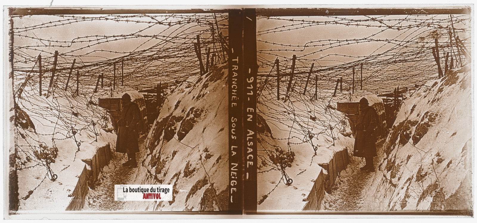 Tranchée en Alsace, WW1, plaque verre, photo ancienne stéréoscopie 6x13 cm