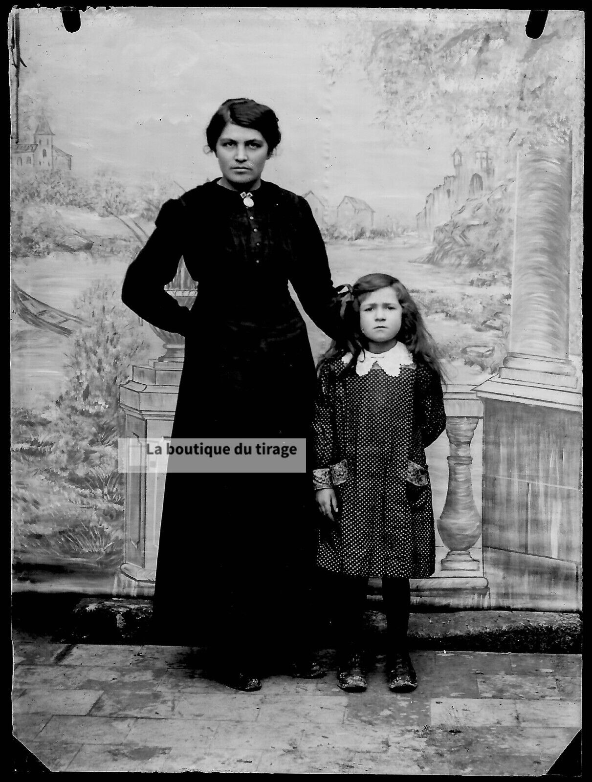 Plaque verre photo ancienne négatif noir et blanc 9x12 cm maman fille France 